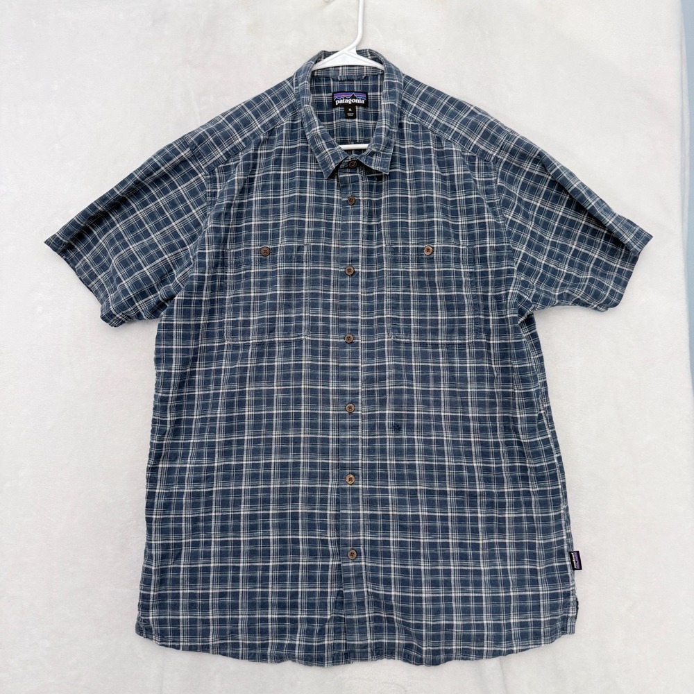 Patagonia Back Step Shirt Mens XL Blue Hemp Plaid Pocket Camping Hiking Outdoor
